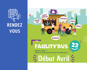 a gauche un rectangle bleu avec un calendrier et à droite un dessin avec un bus jaune avec des gens devant dans un champs: le titre: FacityBUS