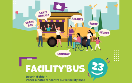 Visuel articles Actus un bus jaune dans un champ avec des personnages autours qui disent dans des bulles: Santé mentale, aidants, jeunes, handicap, santé, grand ùge
