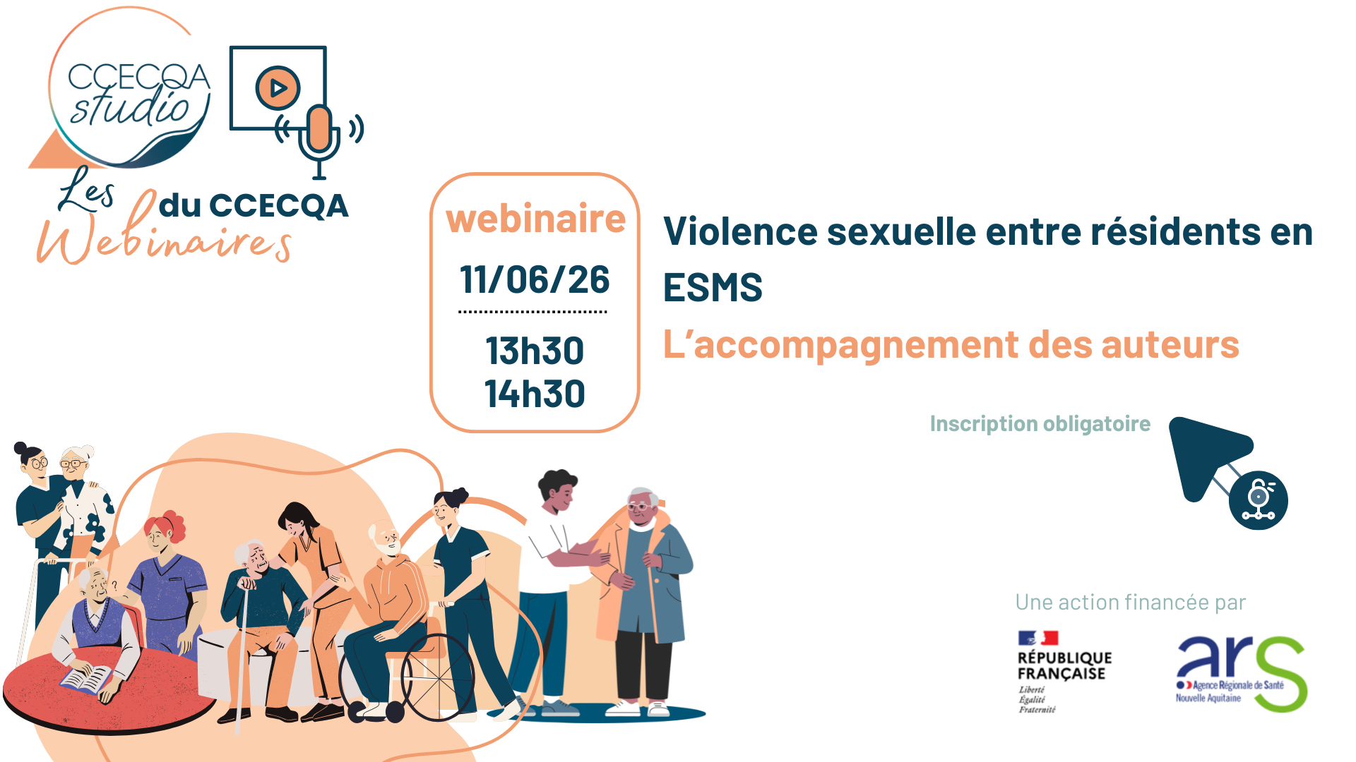 Affiche d'un webinaire du CCECOA sur la « Violence sexuelle entre résidents en ESMS : L'accompagnement des auteurs », prévu le 11/06/26 de 13h30 à 14h30, avec inscription obligatoire