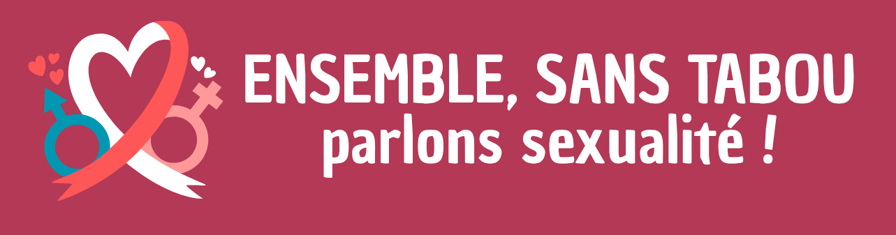 BANNIERES Actus bannière fond couleur bordeaux avec à droite une image d'un coeur avec à droite du coeur le symbole du sexe masculin et à doite le symbole du sexe feminin. Le titre en blanc : ENSEMBLE, SANS TABOU : parlons sexualité !