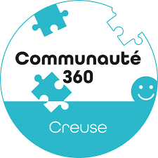 Logo-com-360-Creuse logo de ka communauté 360 de la creuse: un cercle bleu avec des morceaux de puzzle et un smiley