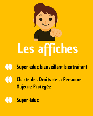 Outil pédagogique (12) Personnage feminin qui montre du doigt avec un sourire. Le titre Les affiches.