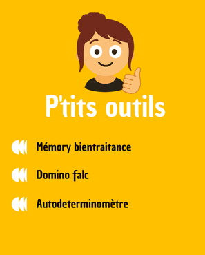 Outil pédagogique (13) Personnage feminin qui a le pouce en l'air avec le sourire. Le tire: P'tits outils