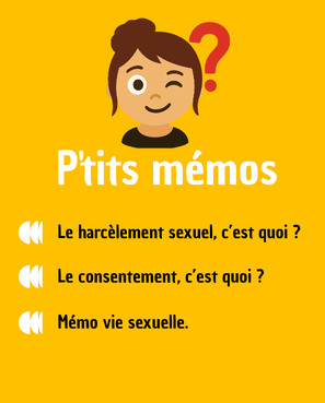 Outil pédagogique (14) Personnage féminin avec un clin d'œil et le sourire. Au dessus de sa tête un point d'interrogation au dessus en rouge: Le titre: P'tits mémos