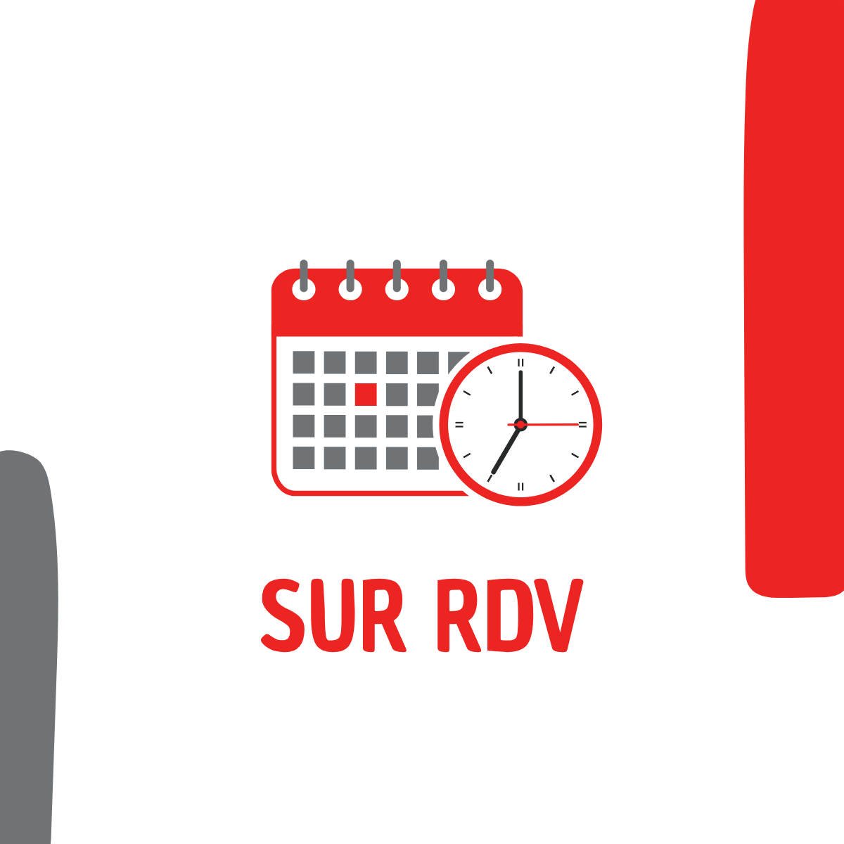 calendrier et horloge en dessin en rouge et gris dessous le texte: SUR RDV