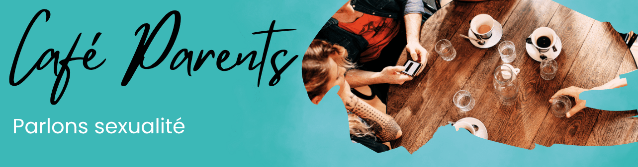 « Café Parents : Parlons sexualité », illustrant des personnes rassemblées autour d'une table basse avec des tasses de café.