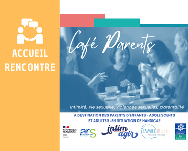 Affiche « Café Parents : Accueil rencontre » présentant les thèmes (intimité, handicap) et les logos des partenaires (ARS, Intimagir, Famili’Bulle, CAF).