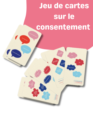 Plusieurs cartes du jeu sur le consentement étalées sous le titre "Jeu de cartes sur le consentement".