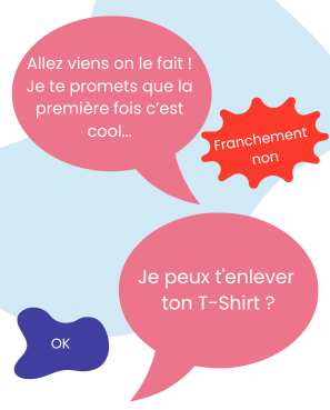 Illustrations de bulles de dialogue illustrant des situations de consentement et de refus.