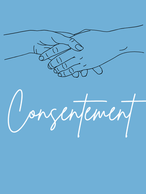 fond bleu avec deux mains dessiné au trait noir, mains dans la main. dessous le texte Consetment