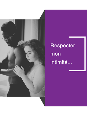 Un couple, l'un posant les mains sur les épaules de l'autre, avec le texte "Respecter mon intimité…"