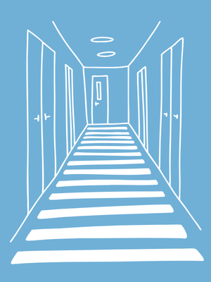 fond bleu et en blanc le dessin au trait d'un long couloir avec des chambres porte fermée